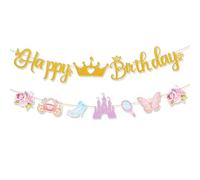BOXOB Striscio Compleanno a Tema Principessa, Striscione di Buon Compleanno con Corona Castello Scarpa di Cristallo Carrozza Decorazioni per Feste a Tema Principessa da Sogno per Bambine Figlie