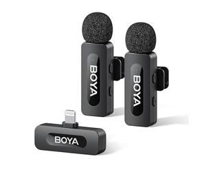 BOYA by-V2 - Microfono Senza Fili per iPhone 7-14, 48 KHz/16 Bit, 9 Batteria, cancellazione del Rumore, Microfono Lightning avalier a 360°