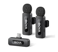 BOYA BY-V20 - Microfono senza fili per iPhone 15/16, Android, 48 KHz/16 bit, 9 batteria, cancellazione del rumore, microfono da avalier USB-C a 360°