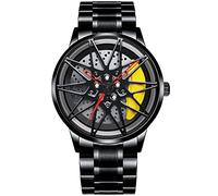 BOYADKA Orologi da uomo, in acciaio inossidabile, impermeabile, al quarzo, giapponese, con design del mozzo della ruota per gli uomini/appassionati di auto, Giallo