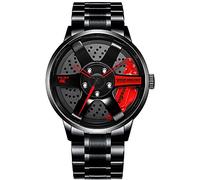 BOYADKA Orologio da polso per auto, in acciaio inox, con movimento al quarzo giapponese, impermeabile, sportivo, con mozzo per auto, per uomini e appassionati di auto, Rosso, Movimento al quarzo