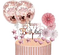 BOYATONG Topper per Torta di Compleanno da 17 Pezzi, Topper per Torta di Buon Compleanno, Topper per Torta in Oro Rosa, Topper per Cupcake con Stelle Amore Palloncini coriandoli e ventagli di Carta