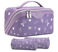 BOYATU Beauty case da viaggio per le donne: set da 3 pezzi di grande capacità trousse per trucchi con manico, in pelle vegana, con scomparti, L-viola, Strisce minimaliste