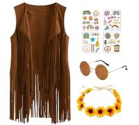 Boyigog Abbigliamento hippie, gilet senza maniche anni '60 anni '70, costume da donna con frange, senza maniche, con occhiali da sole, adesivo per tatuaggi, collana per ragazze, discoteca, costume da