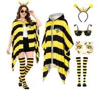 Boyigog Costume da ape di Halloween per adulti, 5 pezzi, vestito da ape, mantello con cappuccio, giacca, occhiali da sole, fascia per capelli, calzini a righe, costume per Halloween, cosplay, feste