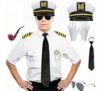 Boyigog Costume da capitano marinaio da uomo, colore bianco navy, 8 pezzi, con giacca bianca da capitano, berretto, guanti, costume a tema capitano della barca, cosplay, feste, Halloween e carnevale
