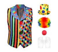 Boyigog Costume da clown per adulti, da uomo, costume da circo, 6 pezzi, con gilet colorato, parrucca riccia naso, papillon guanti, cappello, carnevale, Halloween, maschera, cosplay, feste