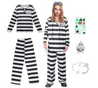 Boyigog Costume da donna prigioniero, in bianco e nero, a righe con manette, per Halloween, carnevale, cosplay (M)