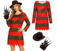 Boyigog Costume da donna serial killer per Halloween, 3 pezzi, con cappello da esploratore, artigli spaventosi, per adulti, per feste in maschera