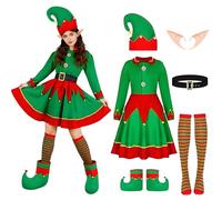 Boyigog Costume da elfo di Natale da donna, 6 pezzi, vestito verde da Babbo Natale, cappello a righe, calze a righe, orecchie da elfa, cintura, costume da fata per feste di Natale (verde, XXL)