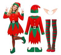 Boyigog Costume da elfo di Natale da donna, 6 pezzi, vestito verde da Babbo Natale, cappello a righe, calze a righe, cintura con orecchie da elfa, costume di Natale per feste di Natale (rosso, XL)