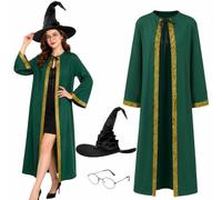 Boyigog Costume da professore mago Mc, mantello magico da strega, 3 pezzi, con mantello, cappello e occhiali, vestito da strega da donna, per Halloween, cosplay, feste