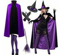 Boyigog Costume da strega da donna per adulti con mantello nero, cappello da strega, guanti da strega, gambo di scopa, costume da strega, costume da strega da donna, per Halloween, carnevale, cosplay