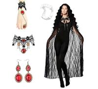 Boyigog Costume da strega di Halloween, mantello da donna in pizzo nero con cappuccio, 6 pezzi, mantello corto gotico da vampiro, collana, orecchini, braccialetto, tatuaggi, Halloween, carnevale