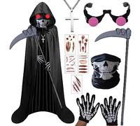 Boyigog Costume da triste mietitore, 7 pezzi, costume da morte spaventosa, per adulti, mantello con cappuccio nero, maschera con teschio, guanti da falce, occhiali, collana con croce, adesivo per