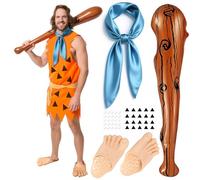 Boyigog Costume da uomo delle caverne, da uomo dell'età della pietra, per adulti, con sciarpa quadrata blu satinata, copripiedi, bastone di legno gonfiabile, adesivi, costumi da uomo delle caverne