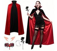 Boyigog Costume da vampiro per Halloween, 5 pezzi, mantello gotico, nero e rosso, collana da elfo, orecchie da vampiro, denti di vampiro, Halloween, carnevale, cosplay, costume da vampiro, costume per