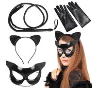 Boyigog Maschera da gatto in pelle da donna, 4 pezzi, con fascia e guanti con orecchie da gatto, maschera per occhi, set di accessori per cosplay, Halloween, carnevale, feste in maschera, martedì