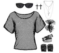Boyigog Set di accessori per abbigliamento da donna anni '80, in pizzo nero, con papillon, catena a croce, orecchini neri e collana in argento, cintura e guanti, occhiali da sole