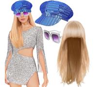 Boyigog Set di accessori per costume da discoteca anni '70, 3 pezzi, tra cui parrucca, occhiali da sole scintillanti, cappello con paillettes, perfetto per Halloween e feste retrò (