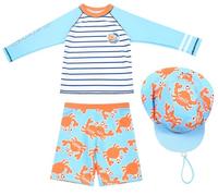 Boys Tre Pezzi Bambino Blu e Bianco a Righe Manica Lunga Stampato Granchio Swim Shorts Coulisse Swim cap 3-4 Anni