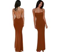 BOYSSPAA Maxi abito da donna a schiena scoperta, elegante, senza maniche, con spalline sottili, lungo e aderente, per uscite quotidiane, feste, cene, appuntamenti, compleanni, Marrone, L