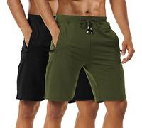 Boyzn Confezione da 2 pantaloncini sportivi da uomo, comodi pantaloncini da allenamento in cotone, con elastico in vita, con tasche con cerniera, Confezione da 2 - nero/verde militare, L