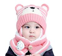 Bozaap Cappelli invernali per bambini, sciarpa calda invernale per bambini, scaldacollo, cappello lavorato a maglia, con paraorecchie e sciarpa (rosa)