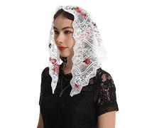 Bozidol Veli Cattolici per Donne con Clip: Mantilla di Pizzo Ricamato con Rosa e Fiore, Velo da Chiesa, Copricapo per Messa Latina (Triangolare)
