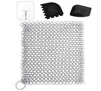 BOZKAA Pulitore in ghisa in acciaio inox con raschietto in plastica resistente e ganci autoadesivi 18 x 18 cm per forno, padelle, padelle in ghisa o wok e altro ancora