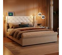 BPKADHY Letto baule 140 x 190 con LED, letto matrimoniale con ricarica USB, letti imbottiti in velluto, cornice per letti con ripostiglio letti140 x 190 cm per 2 persone (Beige-B, 140 x 190 cm)