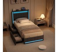 BPKADHY Letto imbottito 90 x 200 cm con vano portaoggetti, LED e USB-C - Letto per ragazzi con 2 cassetti, letto singolo con contenitore incl. rete a doghe, testiera per adolescenti e adulti, lino
