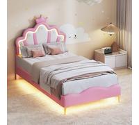 BPKADHY Letto per bambini imbottito 90 x 200 cm, letto singolo con LED, testiera regolabile in altezza, schienale con cassettone, in similpelle, colore rosa (senza materasso)