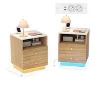 BPKADHY Set di 2 comodini con LED e presa di corrente, in legno, con 2 cassetti, aperti, moderni, per camera da letto e soggiorno, colore legno