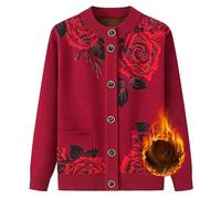 BPKKLLSU Cardigan Lavorato a Maglia di Mezza età E Anziano, Scollo Rotondo, Foderato in Pile Spesso, con Stampa Floreale, con Tasca, Caldo Maglione da Indossare in Primavera E Autunno, Rosso Vino, L