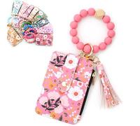 Bpoeee Women's Boho Beaded Wallet with Flower Pattern, Women Boho Style Beaded & Tassel Decorated Keychain, Credit Card Holder Purse (Dark pink)