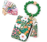 Bpoeee Women's Boho Beaded Wallet with Flower Pattern, Women Boho Style Beaded & Tassel Decorated Keychain, Credit Card Holder Purse (Green)