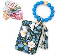 Bpoeee Women's Boho Beaded Wallet with Flower Pattern, Women Boho Style Beaded & Tassel Decorated Keychain, Credit Card Holder Purse (Dark blue)