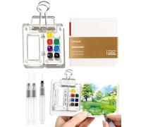 BPTRKOM 5 pezzo Set da Viaggio per Acquerello Mini- Tavolozza Portatile con 8 Griglie, Carta Acquerello, Pennelli e Clip, Ideale per Artisti e Studenti(Clip + penna + album da disegno)