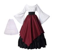 BPURB Abito medievale da donna, costume rinascimentale (parte superiore, gonna e sottogonna), Nero/Rosso, Taglia Large