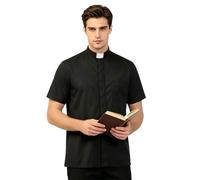 BPURB Camicia da Uomo con Colletto da clero per prete Pastore predicatore ministro Ideale per Costume da Chiesa, Manica Corta Nera, 50