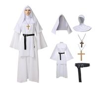 BPURB Costume da suore da donna per adulti deluxe linea suore costumi Halloween cosplay sister act abbigliamento accessori per feste a tema carnevale (vestito, cintura, copricapo, croce) (bianco, XXL)