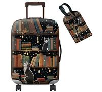 bqabhu Copertura protettiva per valigia, con 1 etichetta per bagagli, con cerniera nascosta, lavabile, panno elastico, antipolvere, antigraffio, Biblioteca dei gatti, S fits 18-21 inch Suitcase