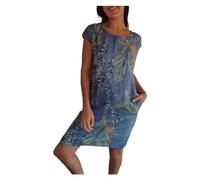 BQLFPOIHP Needream Dresses, Starsdone Dress, Needream Women's Cotton and Linen Round Neck Printed Dress (Color : Blue, Size : S)