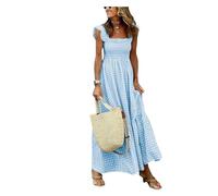 BQLFPOIHP Plaid Smocked Bust Maxi Dress, Women's Plaid Spaghetti Strap Square Neck Long Dress(Blue,S)