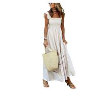 BQLFPOIHP Singing Solo Multi Plaid Smocked Bust Maxi Dress, Women's Retro Plaid Spaghetti Strap Square Neck Long Dress(Color:Beige,Size:XL)