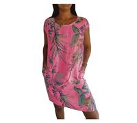BQLFPOIHP Women's Cotton and Linen Round Neck Printed Dress(Red,S)