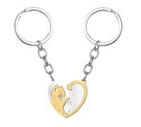 BQRKOTM 2 Pezzi Coppie Portachiavi Portachiavi in Acciaio Inox Gatto a Forma di Cuore Amanti Portachiavi Regalo Festival per Fidanzato Fidanzata e Famiglie (Oro, Argento)