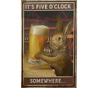 bqsjduidnc Targa in metallo vintage con coniglietto e coniglietto "It's Five O'clock Somewhere", decorazione da parete, divertente, retrò, per bar, pub, regalo, 30,5 x 20,3 cm