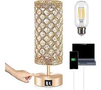 Brabola Lampada da tavolo in cristallo, da comodino con controllo tattile, dimmerabile, K9, con 2 porte di ricarica USB e lampadina inclusa, per casa, ufficio, soggiorno (oro)